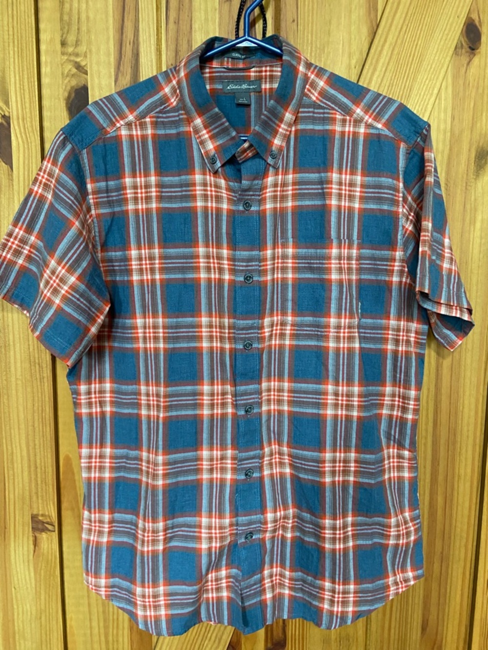 Eddie Bauer Short Sleeve Plaid Button-Down Shirt - Teal & Orange size large